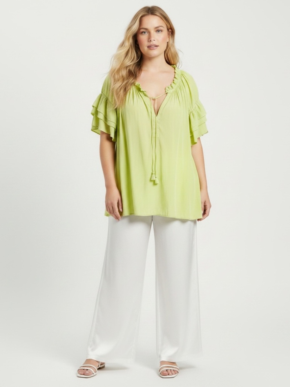 ROSE & OLIVE Lime Green Satin Ruffle Sleeve Top